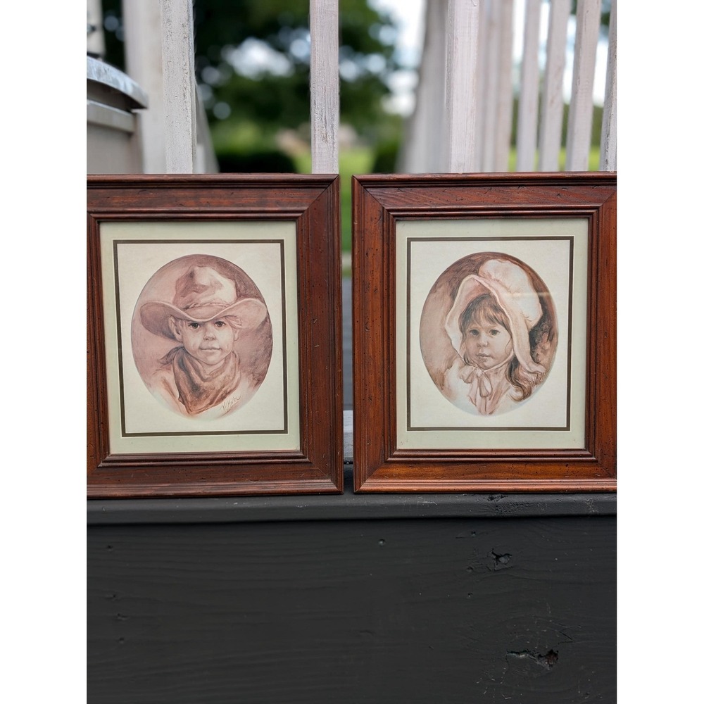 Vintage framed Vel Miller Texas Western Country Child Portrait set